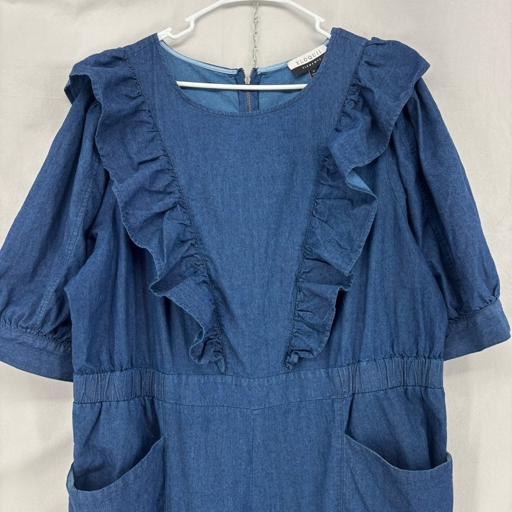Eloquii Elements Women's Plus Size 22 Denim Jumpsuit Ruffles Short Sleeve Trendy - Picture 4 of 9